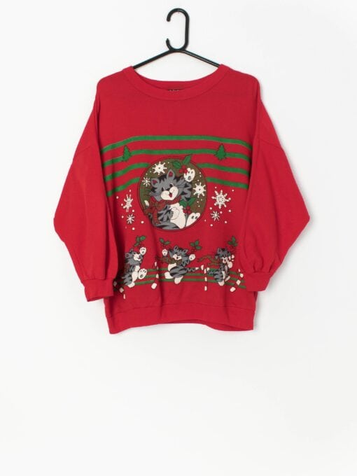 80s Christmas cat sweatshirt in red with playful kittens - Large / XL