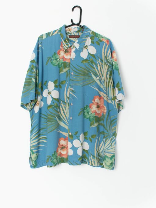 90s Tori Richard Hawaiian shirt, blue with bold floral print - XXL