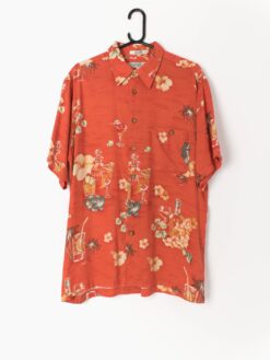 Bright Hawaiian shirt in warm orange with liquor bottle and cocktail pattern - Large