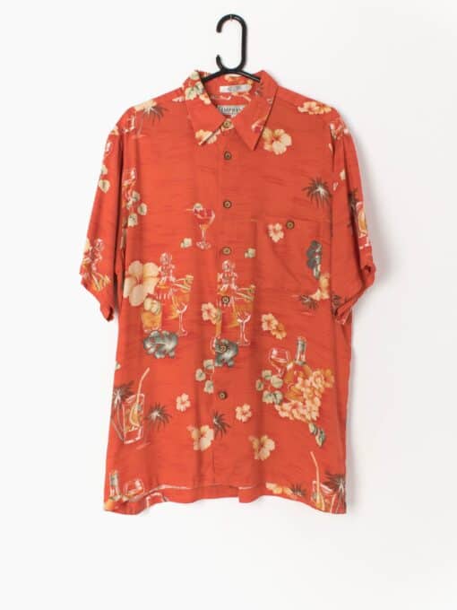 Bright Hawaiian shirt in warm orange with liquor bottle and cocktail pattern - Large