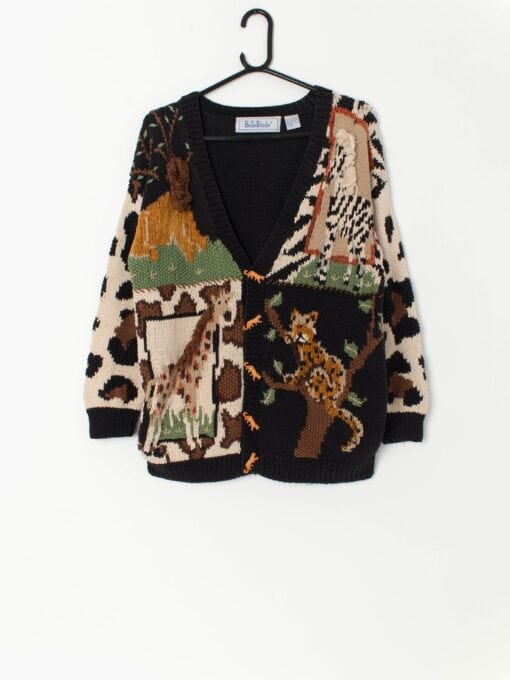 Epic Vintage Cardigan With Big Cats Giraffes And Elephant Medium
