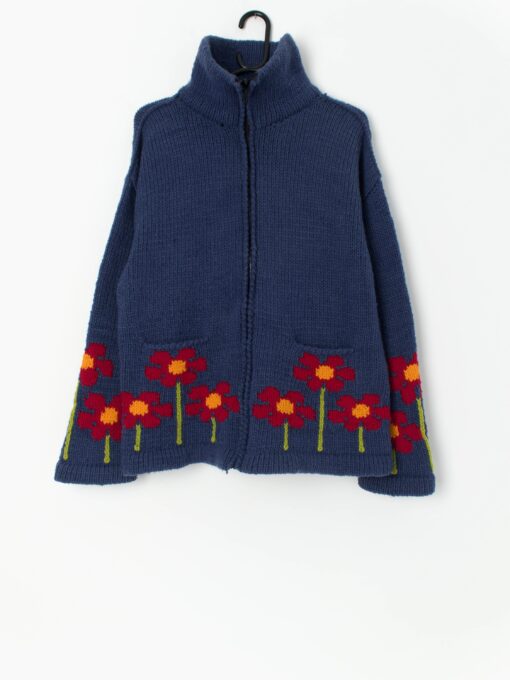 Vintage Amor blue chunky knit cardigan with floral design - Large