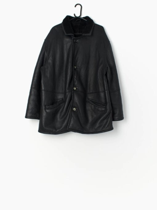 Vintage black leather sheepskin jacket, circa 1980 - Large
