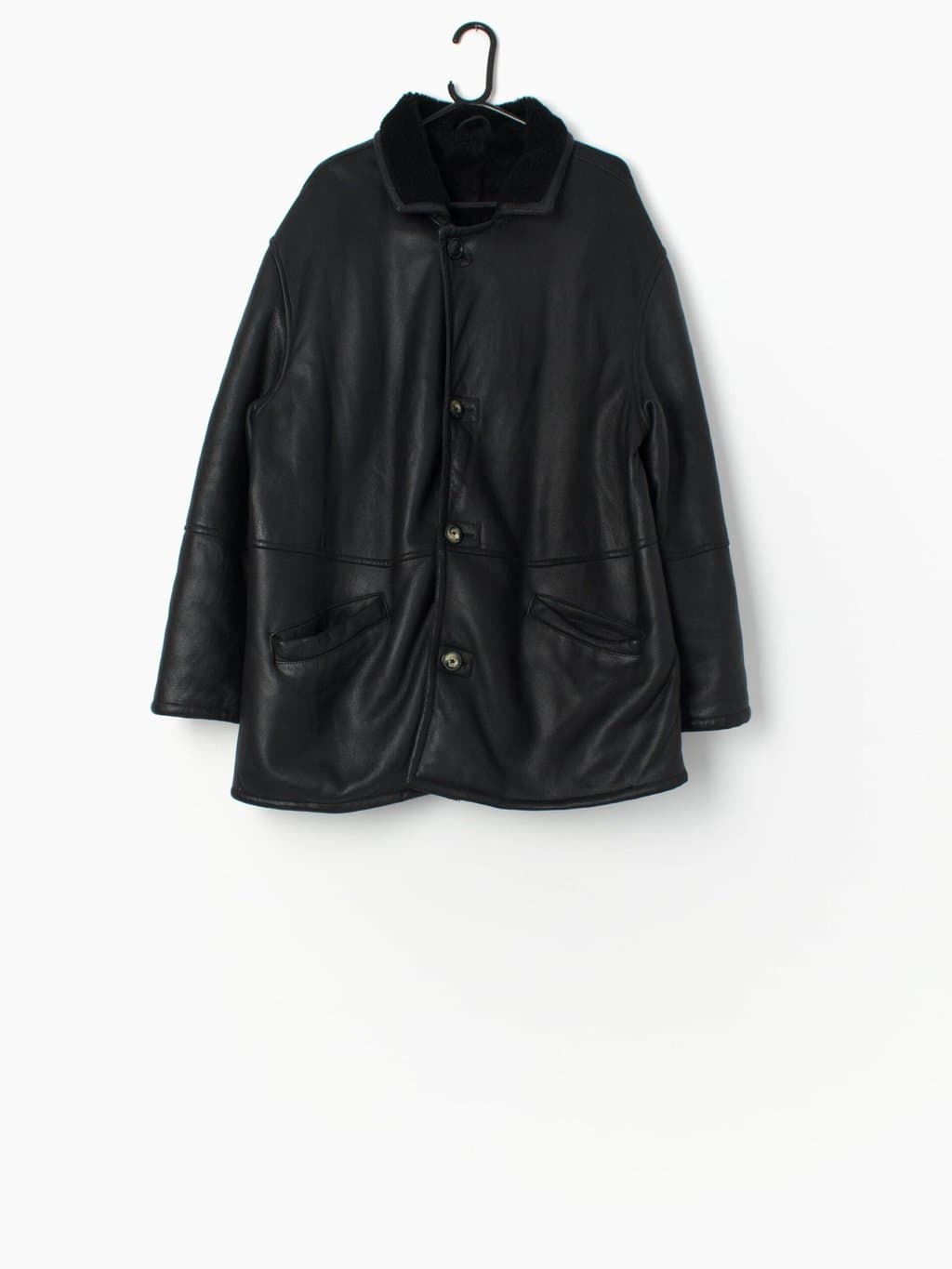 Vintage black leather sheepskin jacket, circa 1980 - Large