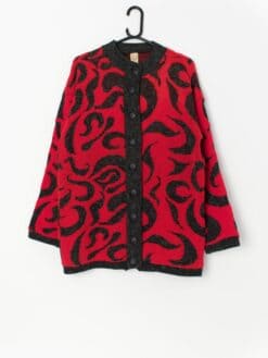 Vintage Bold Red And Black Cardigan With Abstract Design Medium Large