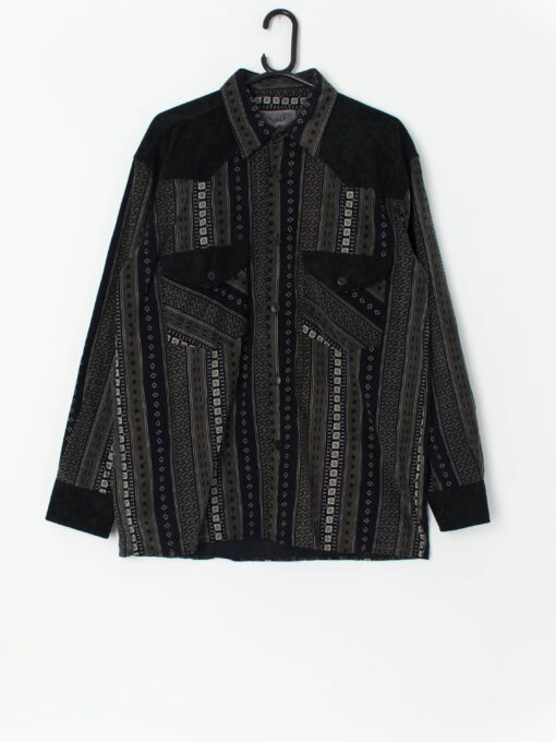 Vintage Cord Shirt In Black With Aztec Geometric Designs Medium