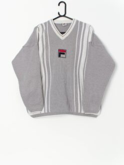 Vintage Fila grey jumper with striped design and central logo - Large