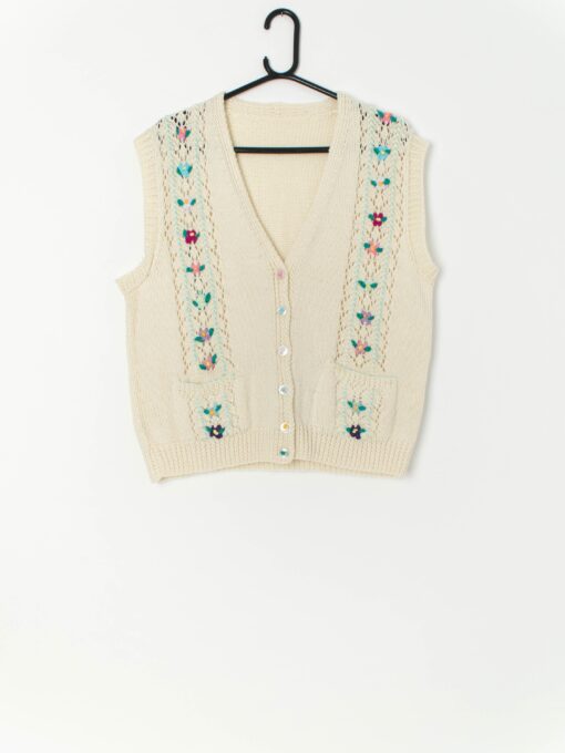 Vintage hand-knitted vest in pastel colours with floral design - Large