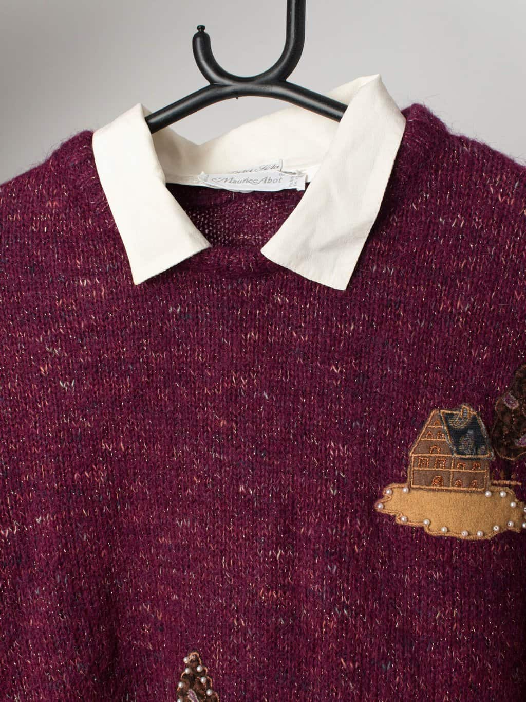 Vintage handknitted sweater with removable silk collar - Medium