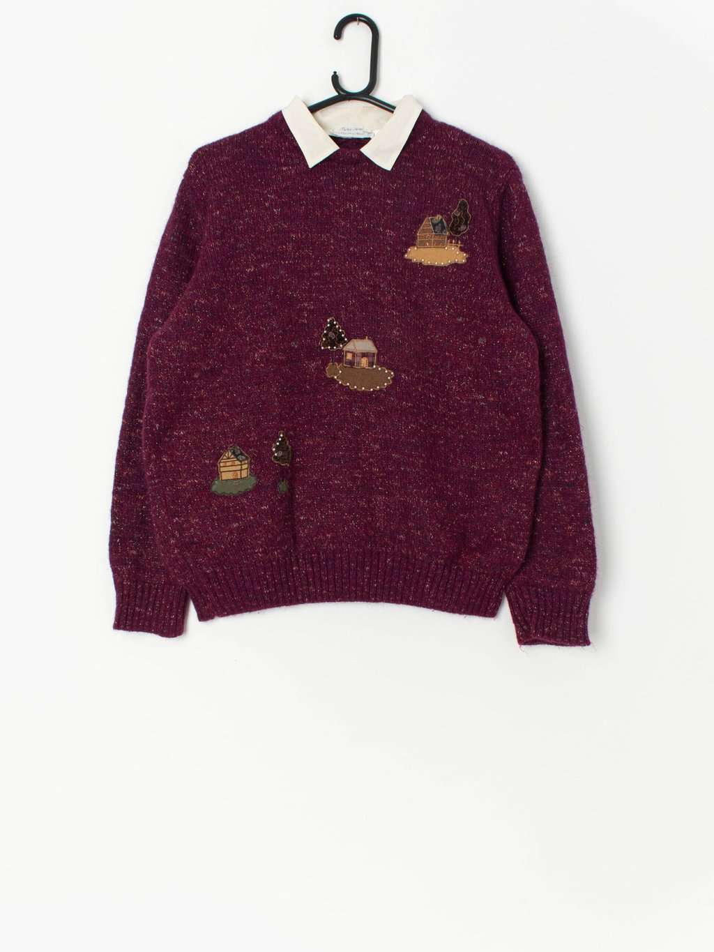 Vintage handknitted sweater with removable silk collar - Medium