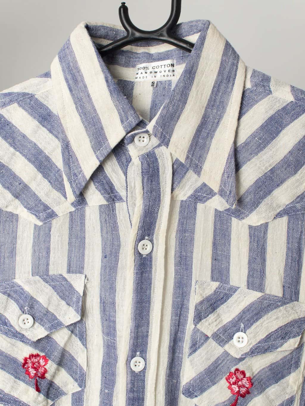 Vintage handwoven striped shirt with embroidered details, blue and white stripes - Small / Medium
