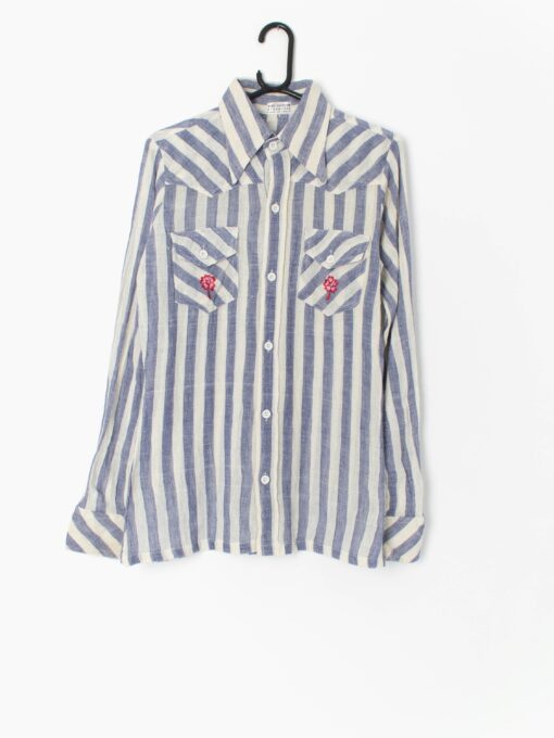 Vintage handwoven striped shirt with embroidered details, blue and white stripes - Small / Medium