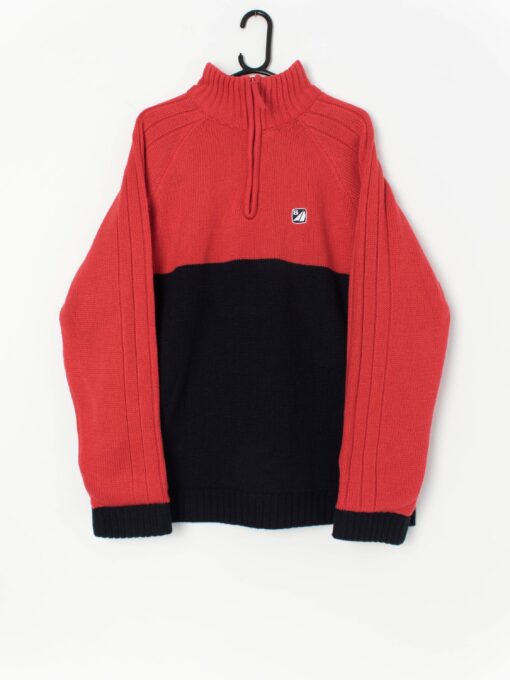 Vintage knitted quarter zip ski jumper in red and black - XL