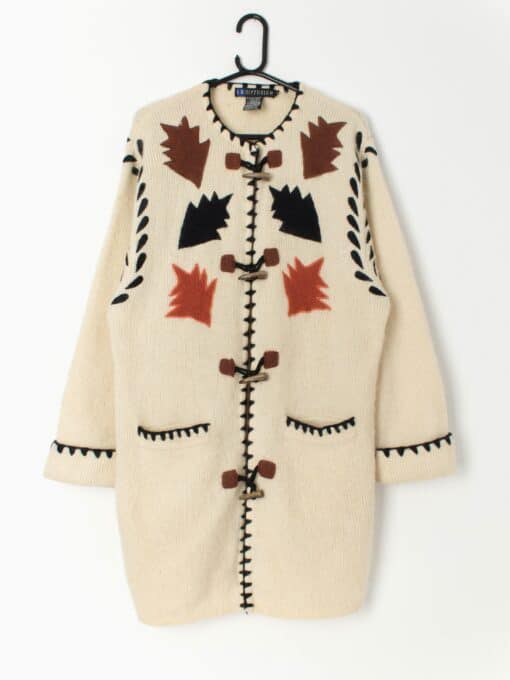 Vintage knitted wool cardigan coat with autumn leaf design - Large