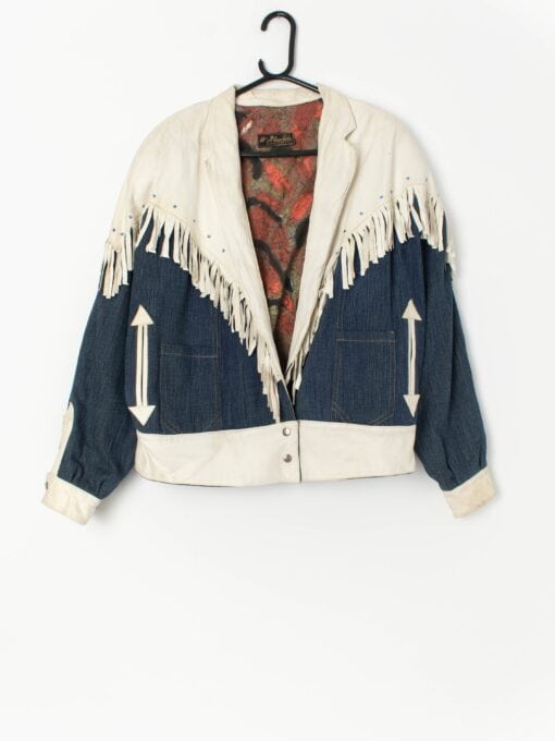 Vintage leather and denim Western jacket with fringes and diamante detail - Large
