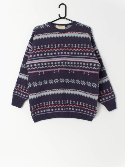 Vintage mauve wool jumper with geometric pattern - Large