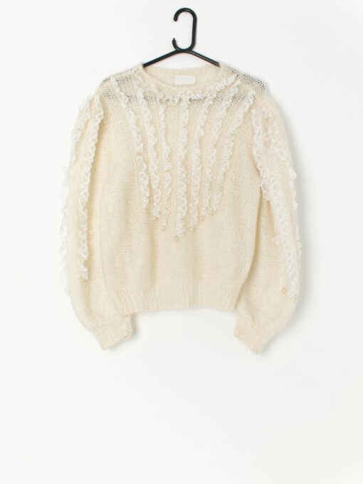 Vintage mohair knitted sweater with faux pearls and lace - Medium