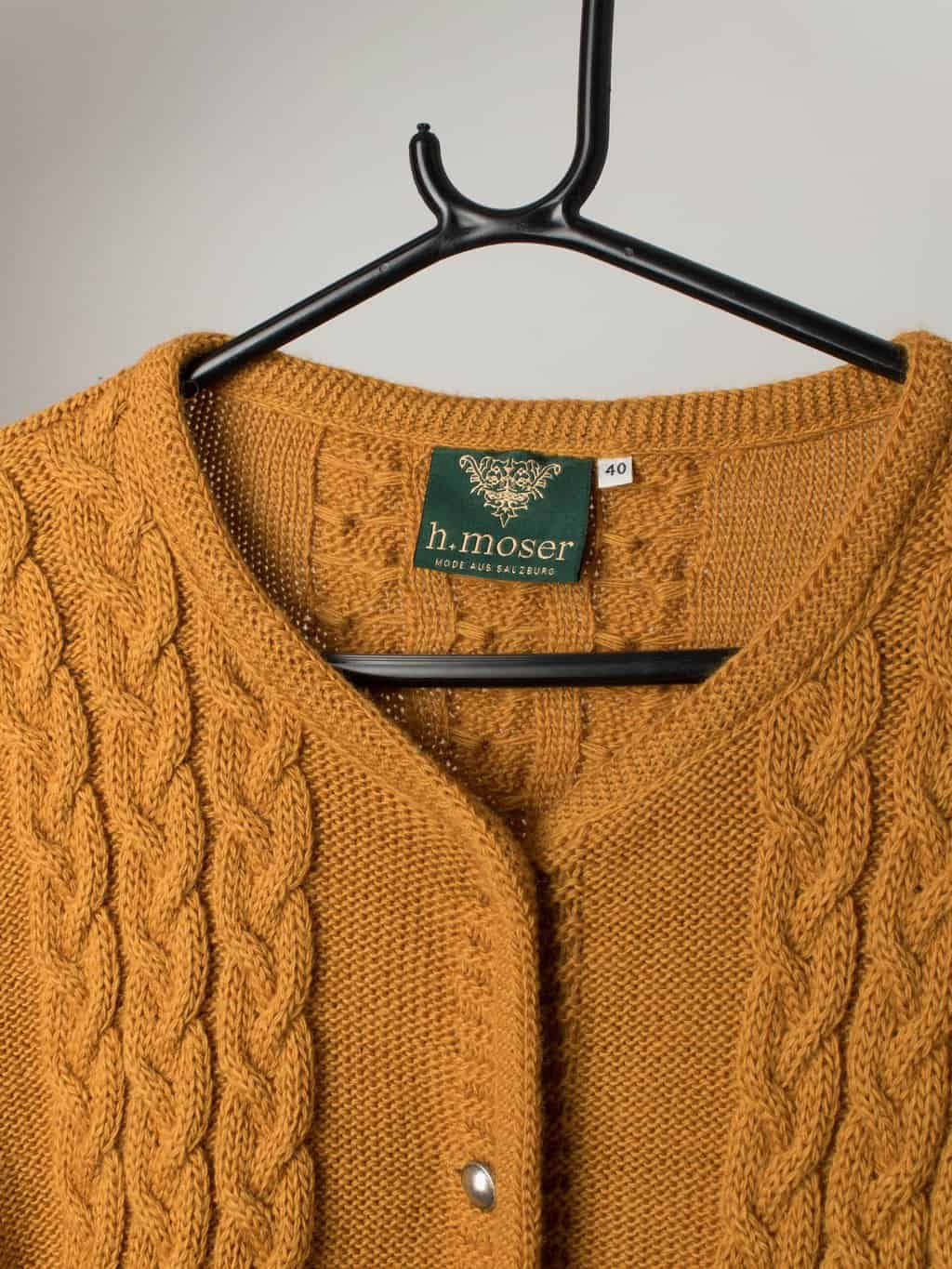 Vintage mustard yellow cable knit wool cardigan jacket - Medium