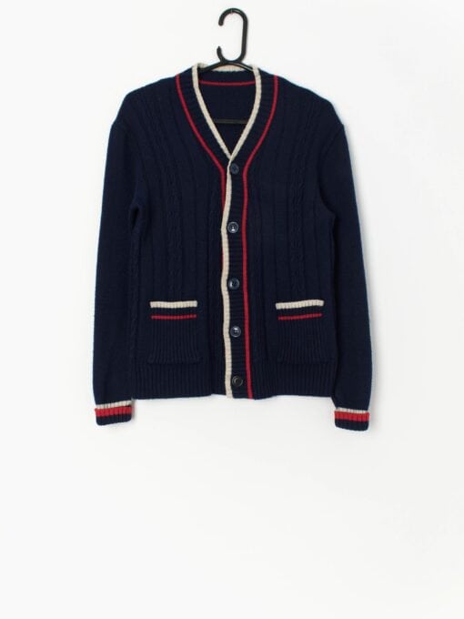 Vintage Navy Blue Preppy Cardigan With Red And White Details Xs Small