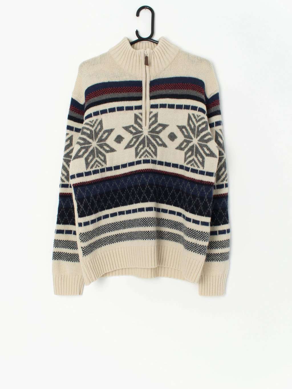 Vintage Quarter Zip Knitted Jumper With Snowflake Design Medium Large
