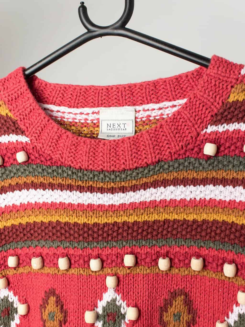 Vintage red Boho jumper with wooden beads and aztec pattern - Medium/Large