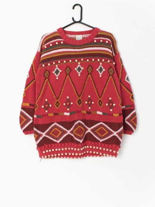 Vintage red Boho jumper with wooden beads and aztec pattern - Medium/Large