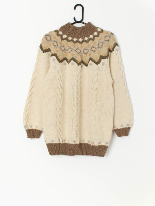 Vintage St Michael knitted wool jumper in beige with patterned yoke - Medium
