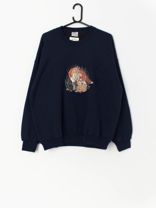 Vintage sweatshirt with embroidered fox and cub scene - Large / XL