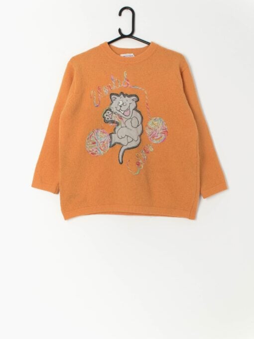 Vintage United colours of Benetton orange wool jumper with cat applique - Medium