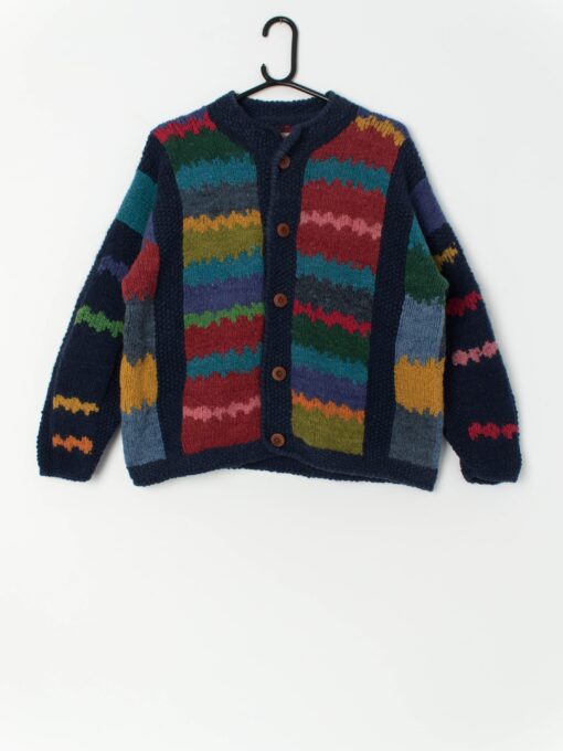 Vintage World Folk Art wool cardigan with muti-coloured rainbow design - Large