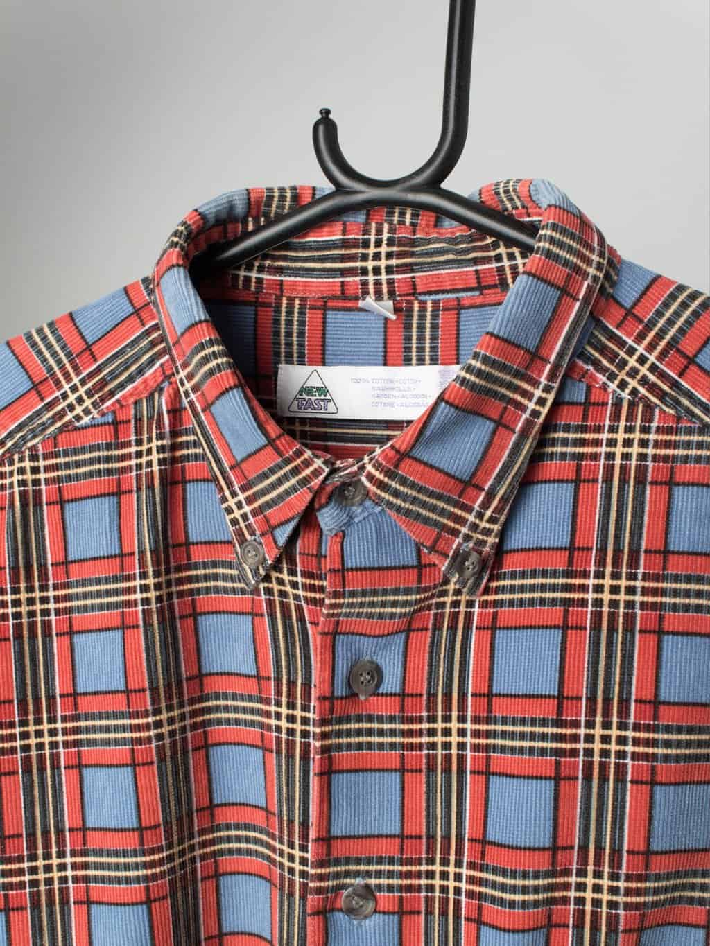 Vintage cord shirt in orange and blue with plaid design - XL - Image 2