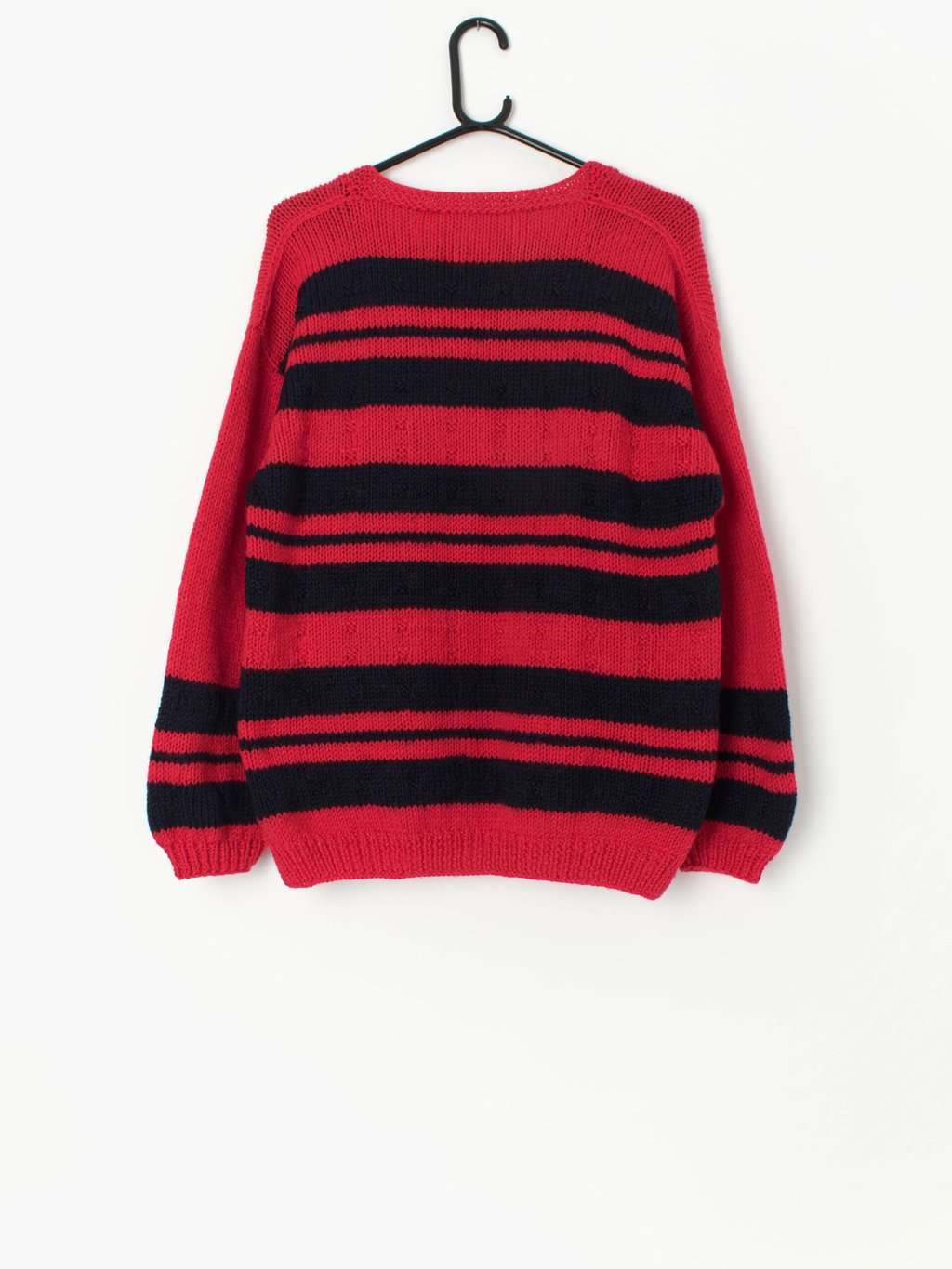 Vintage handknitted striped cardigan in red and navy - M - Image 3