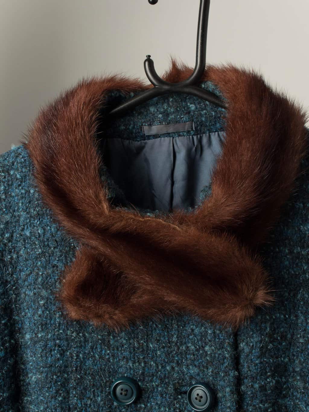 Vintage wool coat in tweed with fur collar - M - Image 2