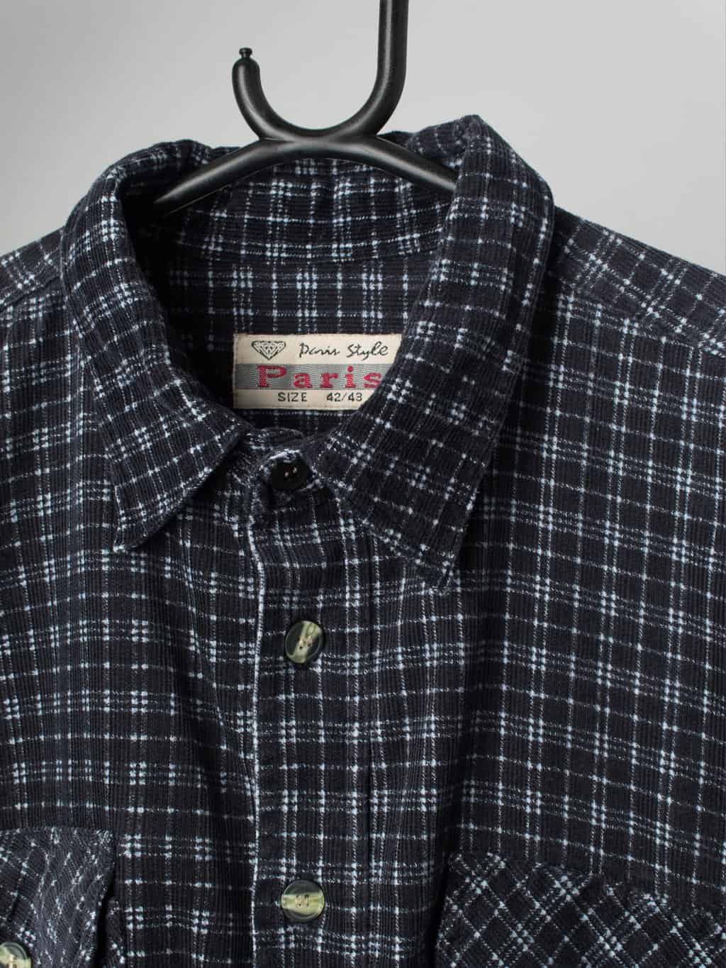 Vintage cord shirt in navy blue with white plaid design - Large - Image 2