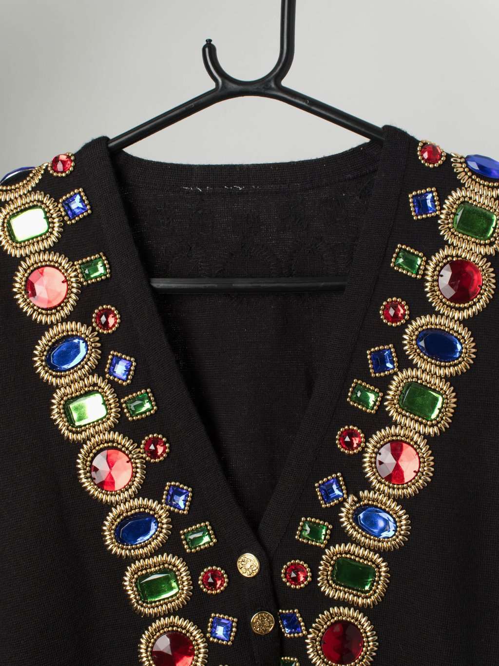 Vintage black beaded cardigan with stunning multi-coloured faux jewels - Medium - Image 2