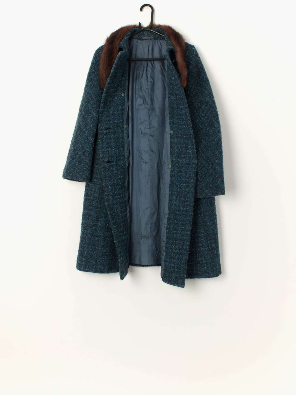 Vintage wool coat in tweed with fur collar - M - Image 3