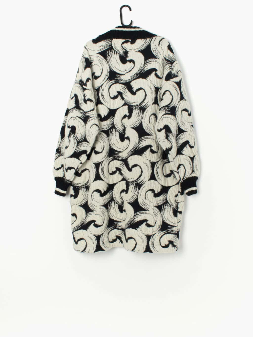 Vintage black and white wool cardigan with abstract swirl design - Large / XL - Image 3