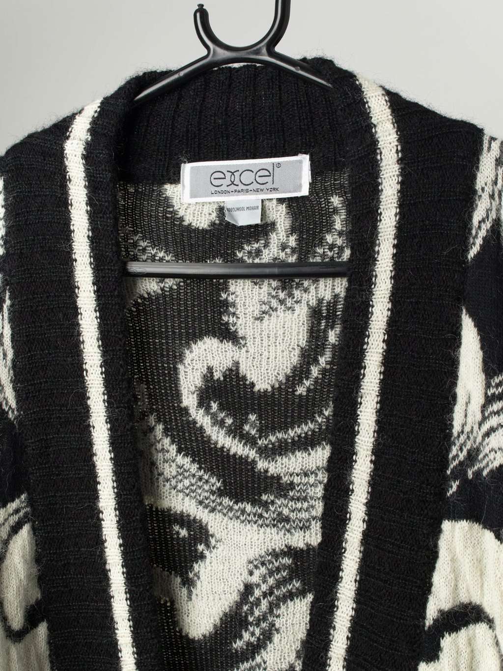 Vintage black and white wool cardigan with abstract swirl design - Large / XL - Image 2
