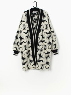 Vintage Black And White Wool Cardigan With Abstract Swirl Design Large Xl