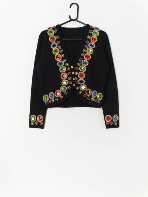 Vintage Black Beaded Cardigan With Stunning Multi Coloured Faux Jewels Medium