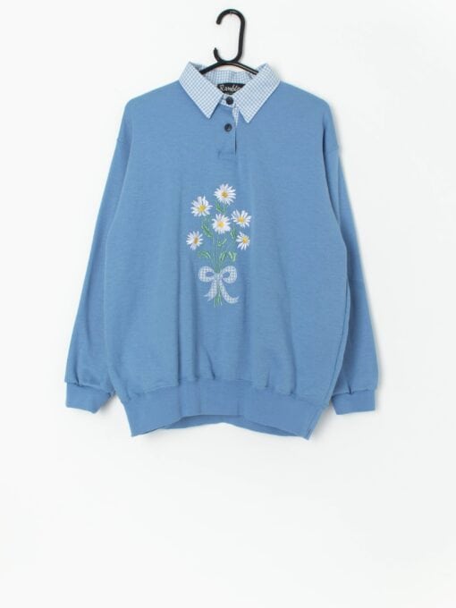 Vintage Collared Daisy Sweatshirt With Gingham Print Large