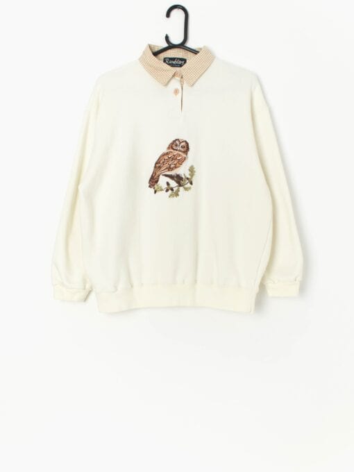 Vintage Collared Sweatshirt With Embroidered Owl In Cream And Brown Large