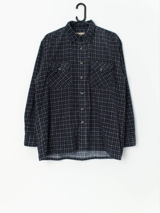 Vintage Cord Shirt In Navy Blue With White Plaid Design Large