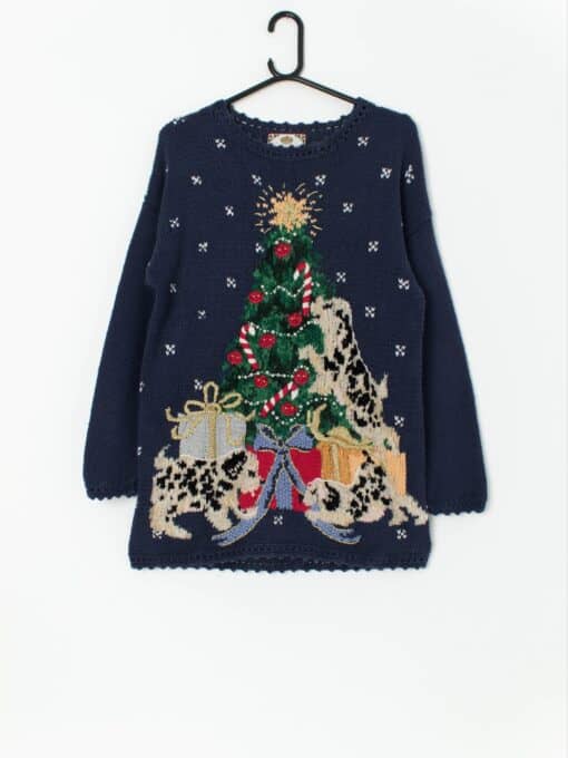 Vintage Dog Christmas Jumper With Beaded Christmas Tree Medium