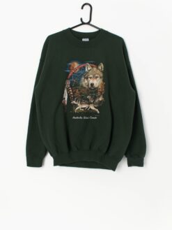 Vintage Forest Green Sweatshirt With Wolf Graphic Large
