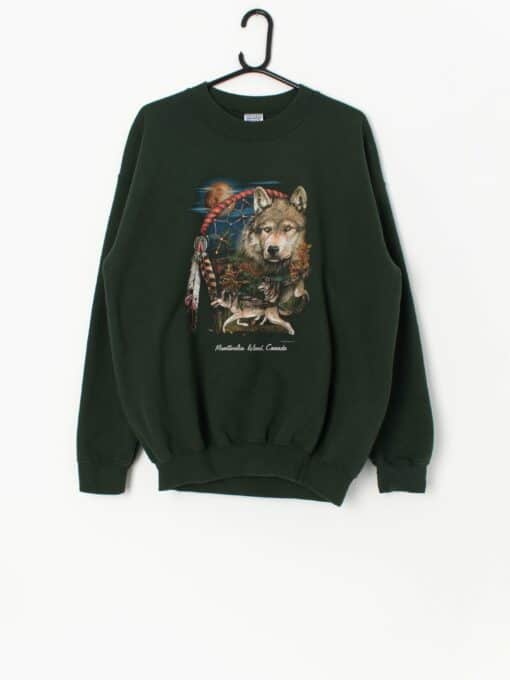 Vintage Forest Green Sweatshirt With Wolf Graphic Large
