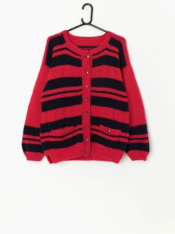 Vintage Handknitted Striped Cardigan In Red And Navy Medium