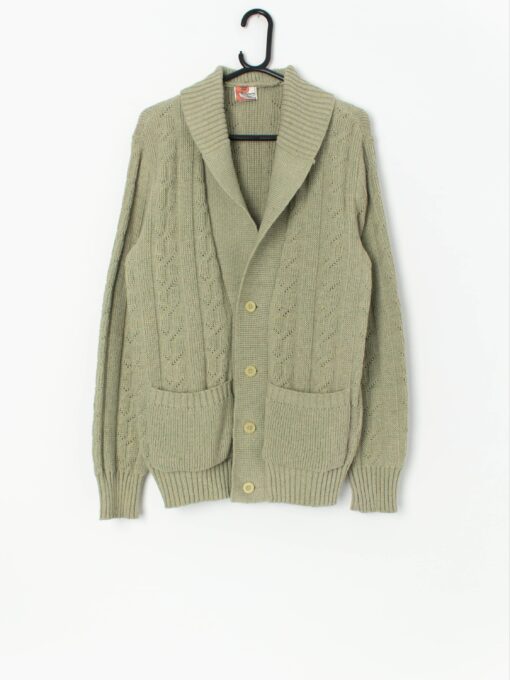 Vintage Men Pastel Green Knitted Wool Cardigan Medium