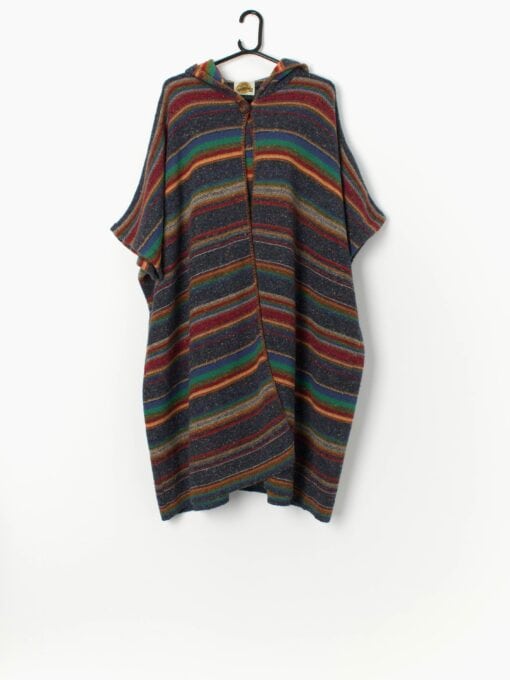 Vintage Wool Blend Striped Hooded Poncho Cape One Size