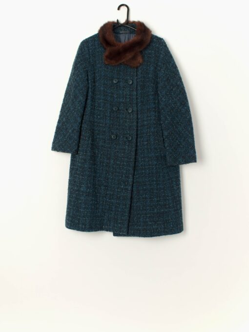 Vintage Wool Coat In Blue Tweed With Brown Fur Collar Medium